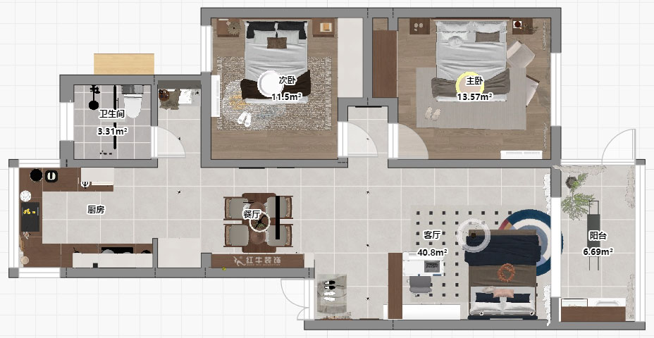 朱明琪｜美河园1-2-101-90㎡-现代风格｜2室1厅1卫｜老房改造｜定制家｜全包11万｜00_03平面彩图